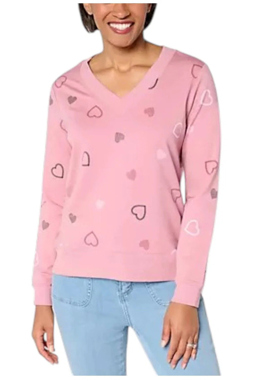 AnyBody Women`s Cozy Knit French Terry Heart Printed Pullover Lilac - Regular